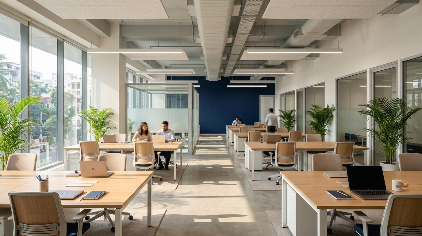 The open-plan IBG Wellness office, daylight falling across rows of desks toward a navy feature wall