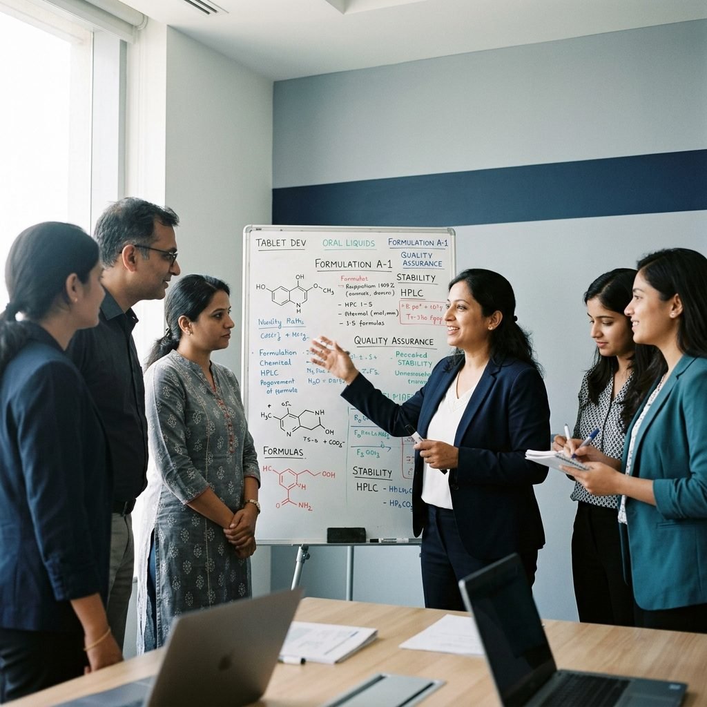 Members of the IBG Wellness team discussing formulation notes at a whiteboard