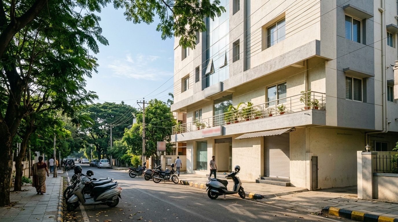 The quiet residential street in Jayanagar, Bengaluru where the IBG Wellness office is located