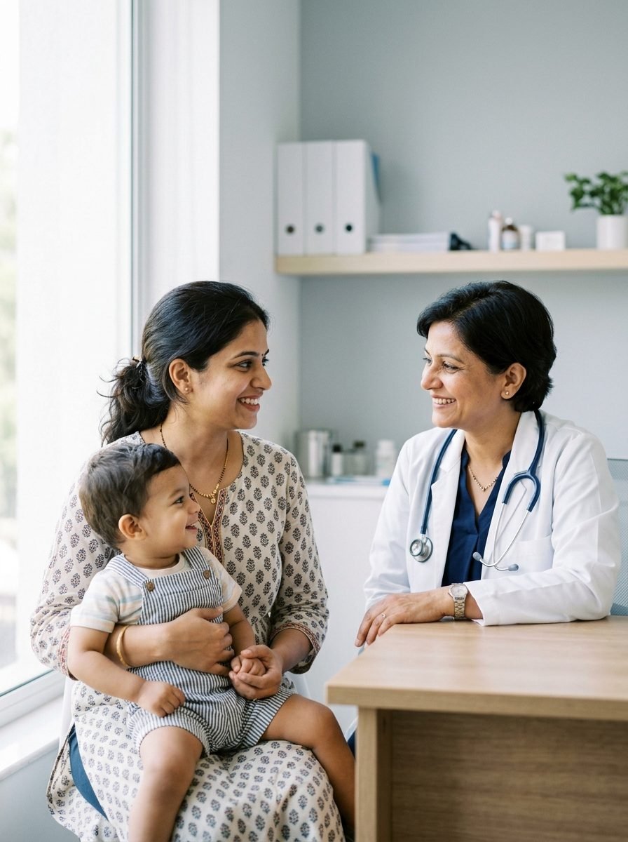 A mother holding her toddler in conversation with a smiling doctor during a clinic consultation