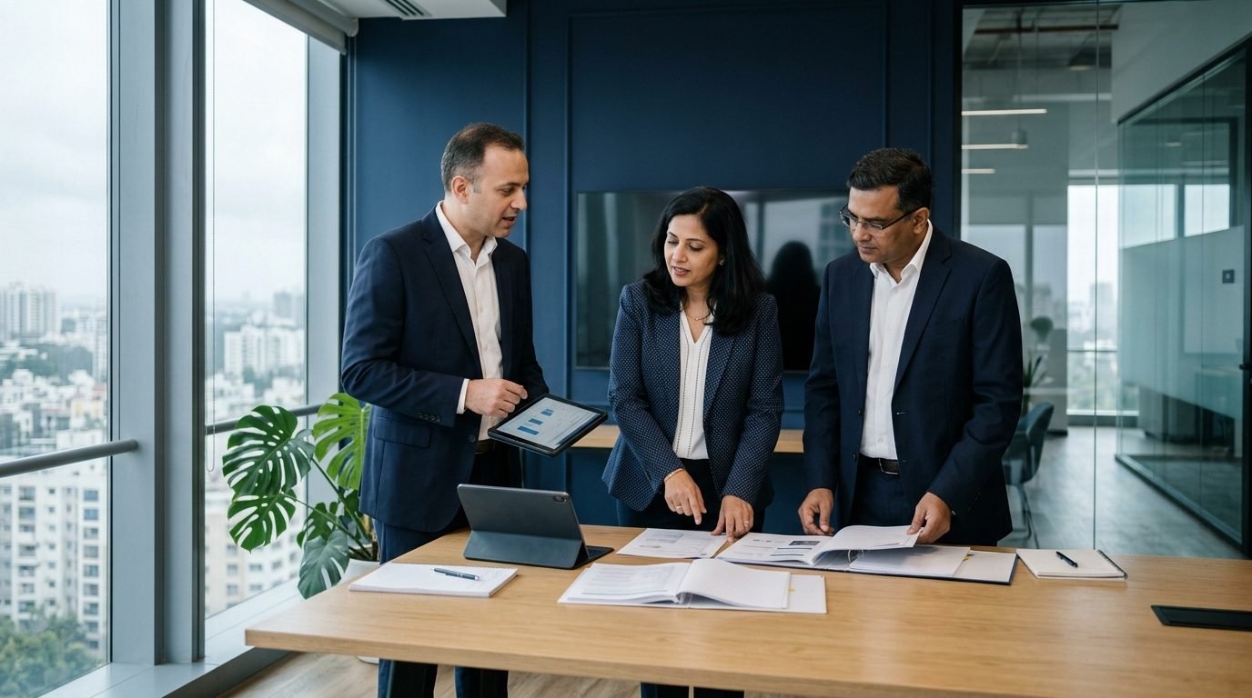 Three IBG Wellness executives reviewing product documents around a meeting table