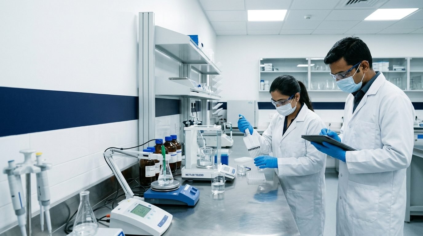 Two scientists in lab coats working with analytical instruments in the formulation laboratory