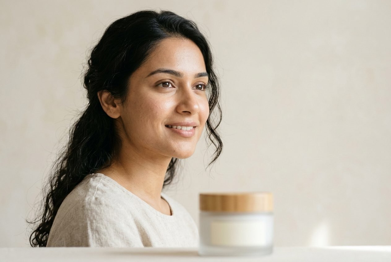 A woman with clear, healthy skin beside an unbranded cosmetic jar
