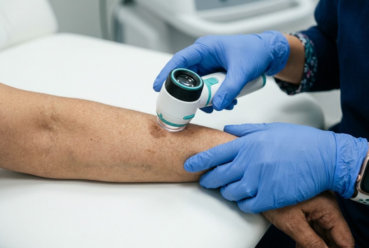A dermatologist examining a patient's forearm with a dermatoscope