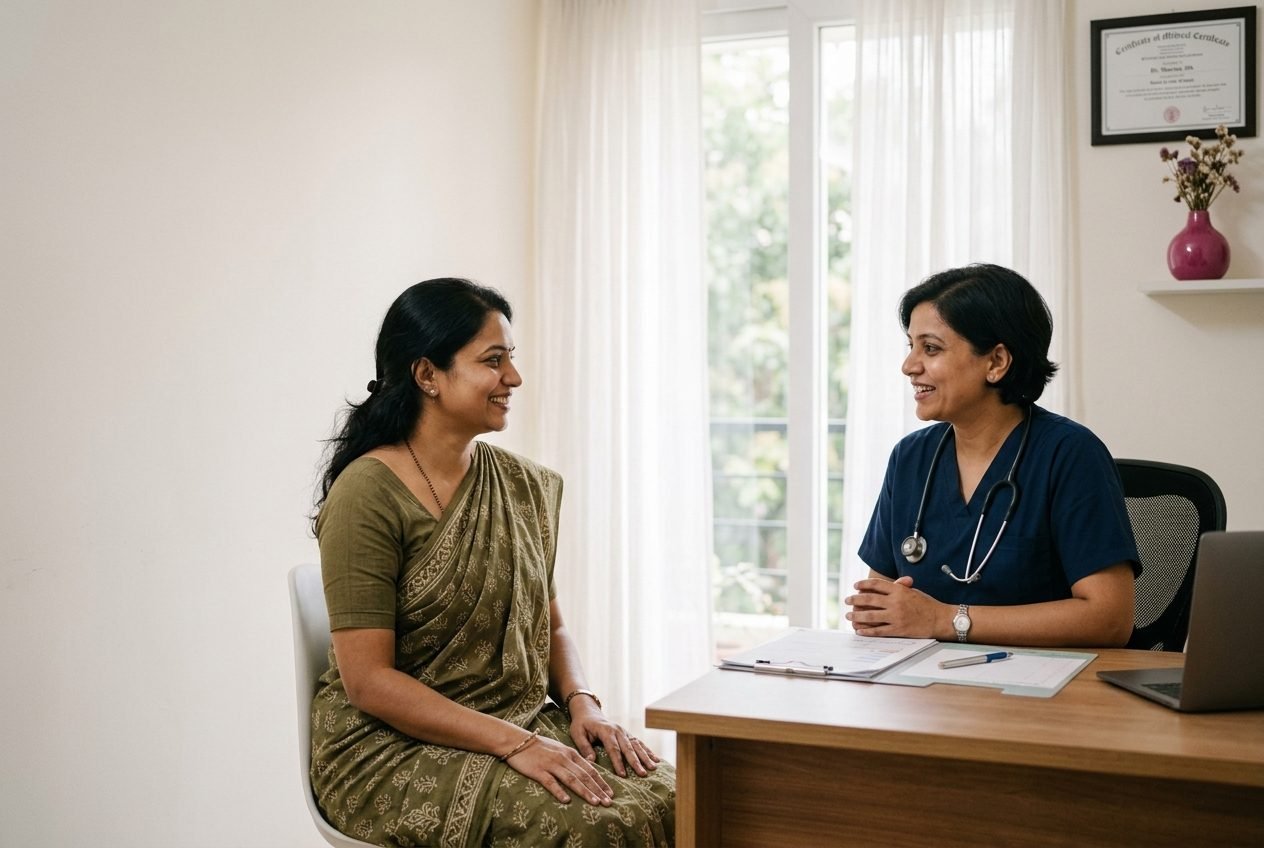 A woman in conversation with her doctor across a consulting desk